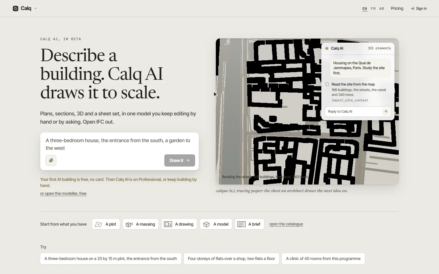 The front door of calq.live, with the link to open the modeller under the box.
