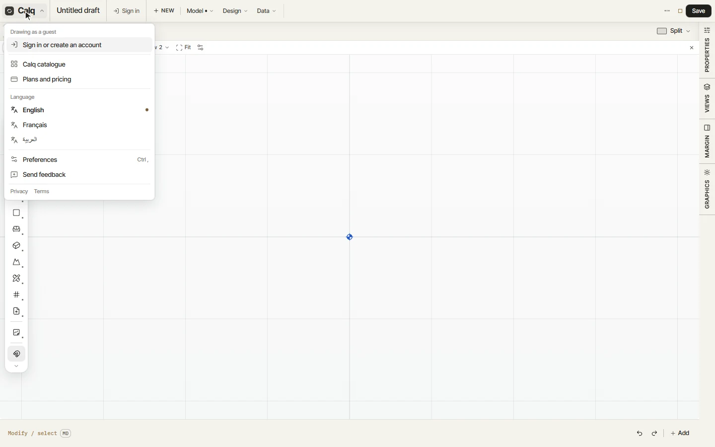 The Calq menu open: account, catalogue, plans, language, preferences and feedback.