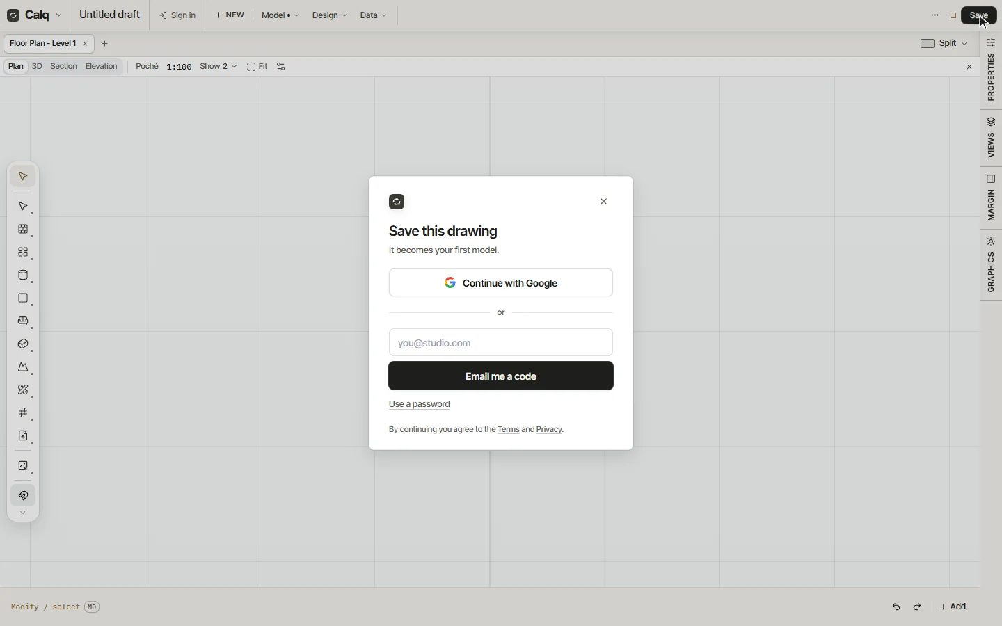 Save on a draft asks you to sign in, so the drawing becomes your first model.