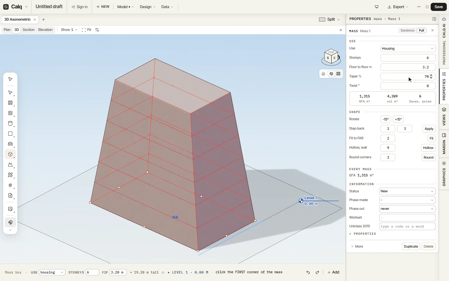 The tapered block and its properties: use, storeys, taper, twist and the shape tools.
