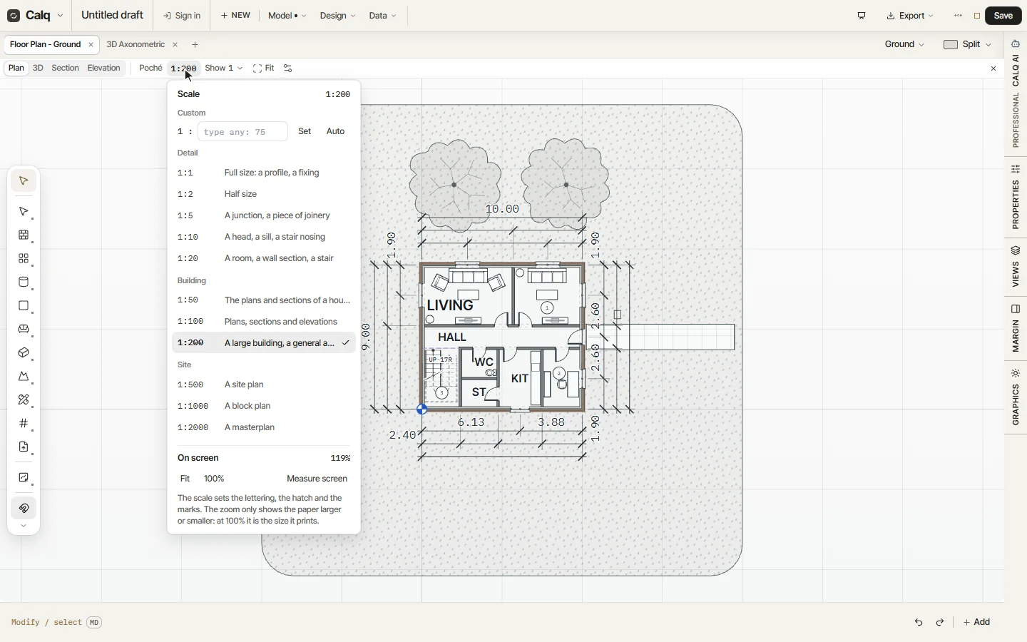 The scale table of the view: detail, building and site scales.