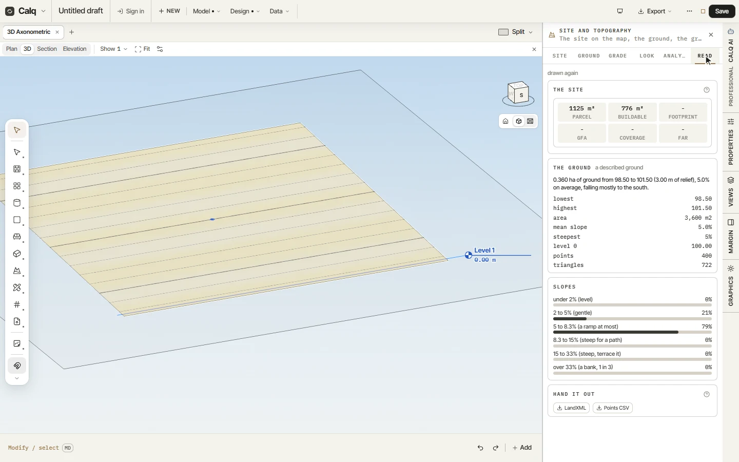 The Read tab: the site, the ground in figures and its slopes.