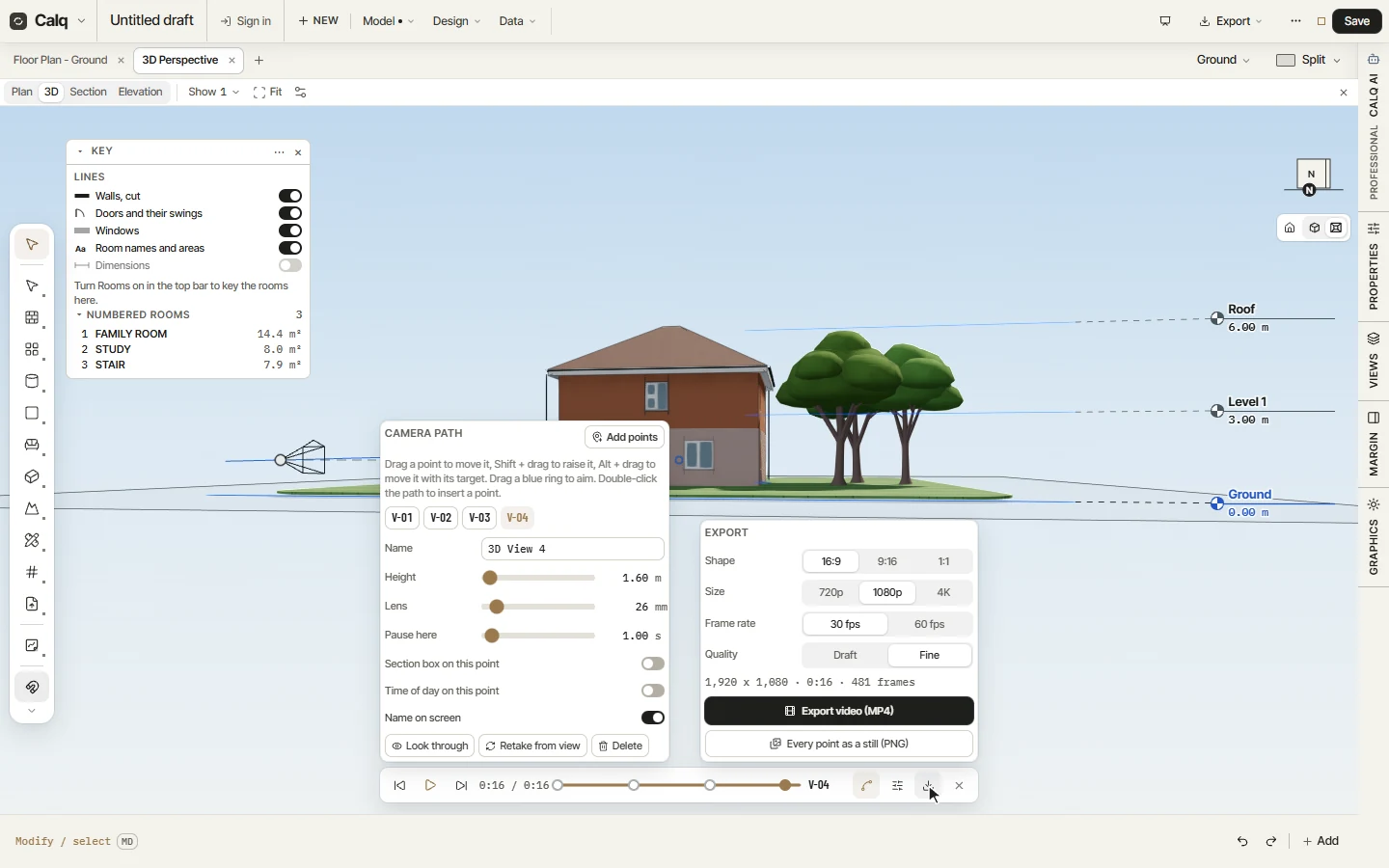 The export of the walkthrough: shape, size, frame rate, quality, then the video or the stills.