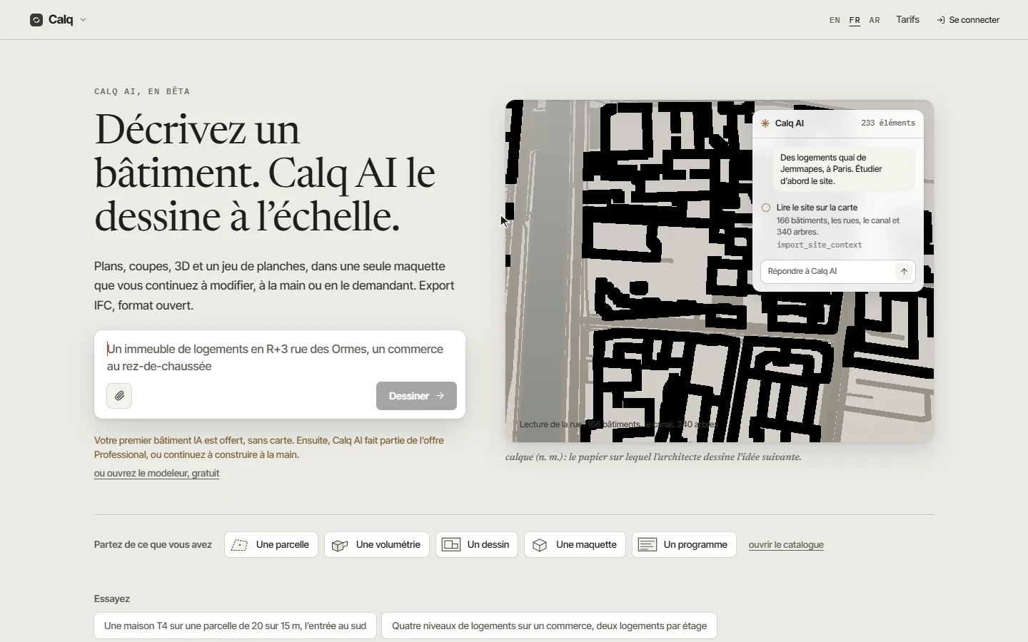 La page d’accueil de calq.live, avec le lien vers le modeleur sous la boîte.