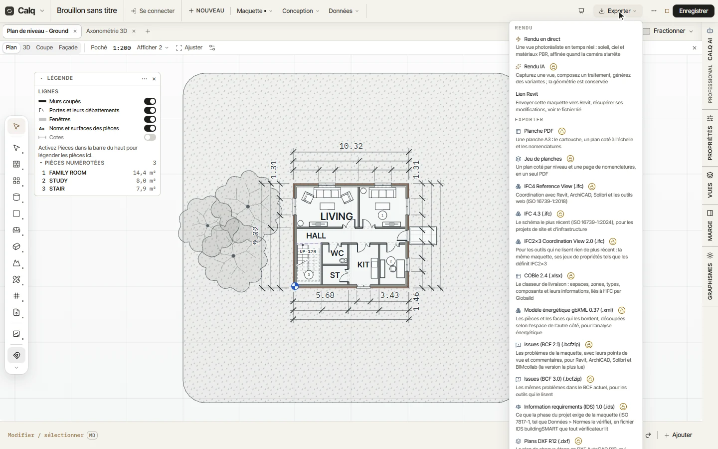 Exporter : Rendu, avec le rendu en direct et le rendu IA, puis le lien Revit et les exports.