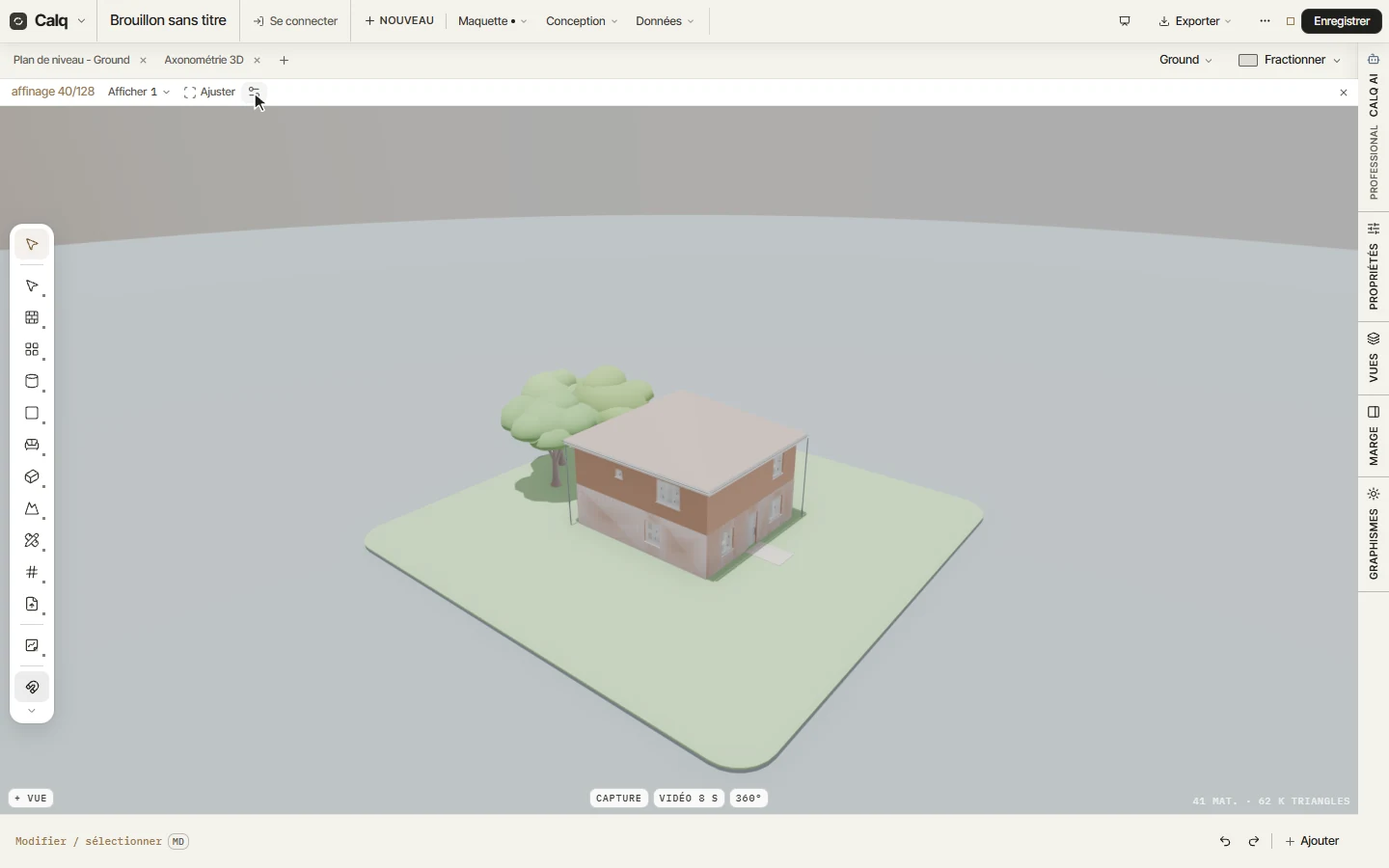 Le rendu revenu sur Midi, avec Capture, Vidéo 8 s, 360° et + Vue à son pied.